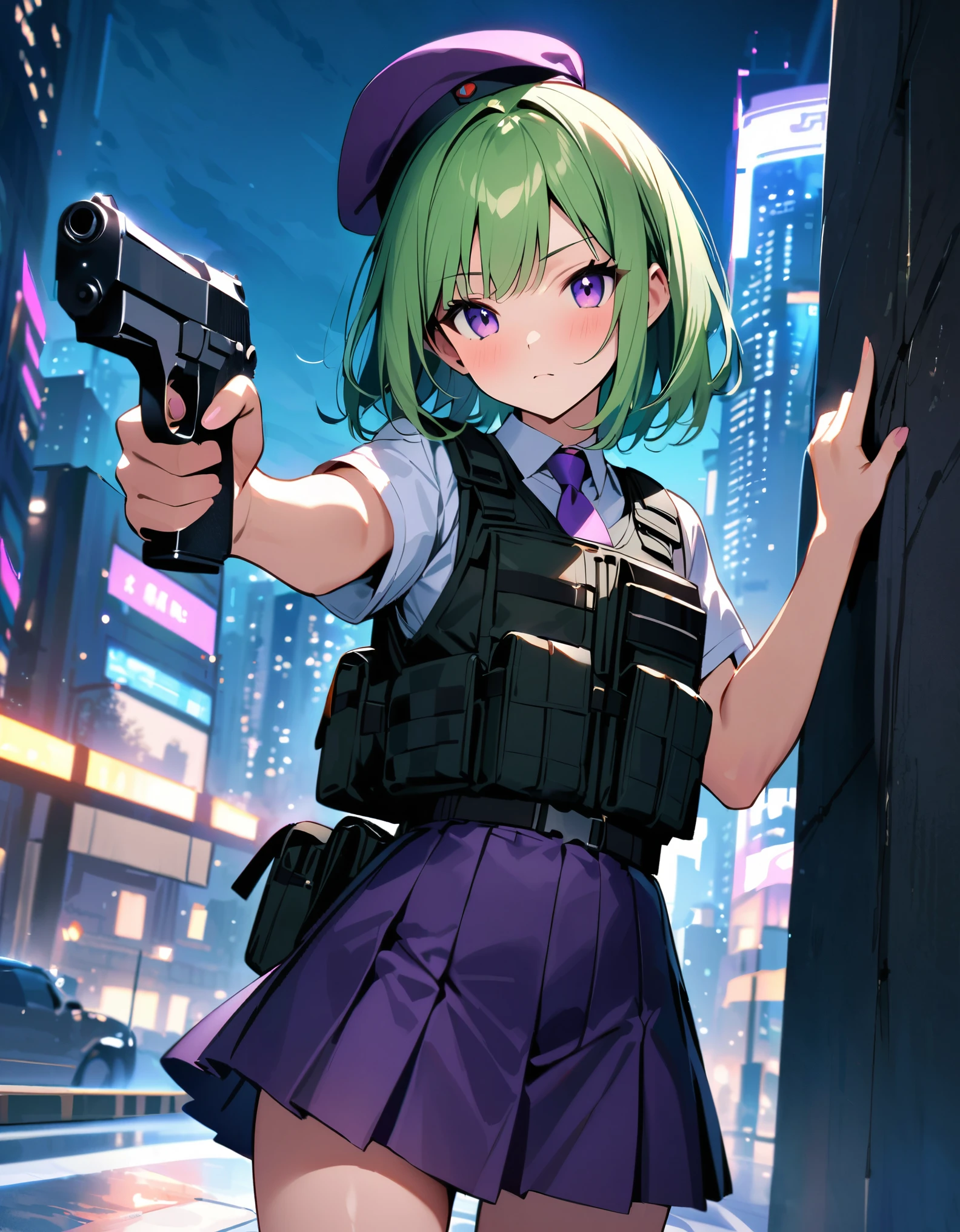 masterpiece, best quality, hires, top-quality、extremely delicate and beautiful、(a teenage girl)、purple eyes、green hair、short-haired、(purple pointy hat)、purple tie、solo、tactical vest、short sleeves. purple skirt, pleated skirt, miniskirt、(holding a pistol in her right hand, (beretta 92fs))、((pointing the gun to the front)). city backdrop, night, noir atmosphere. cowboy shot.