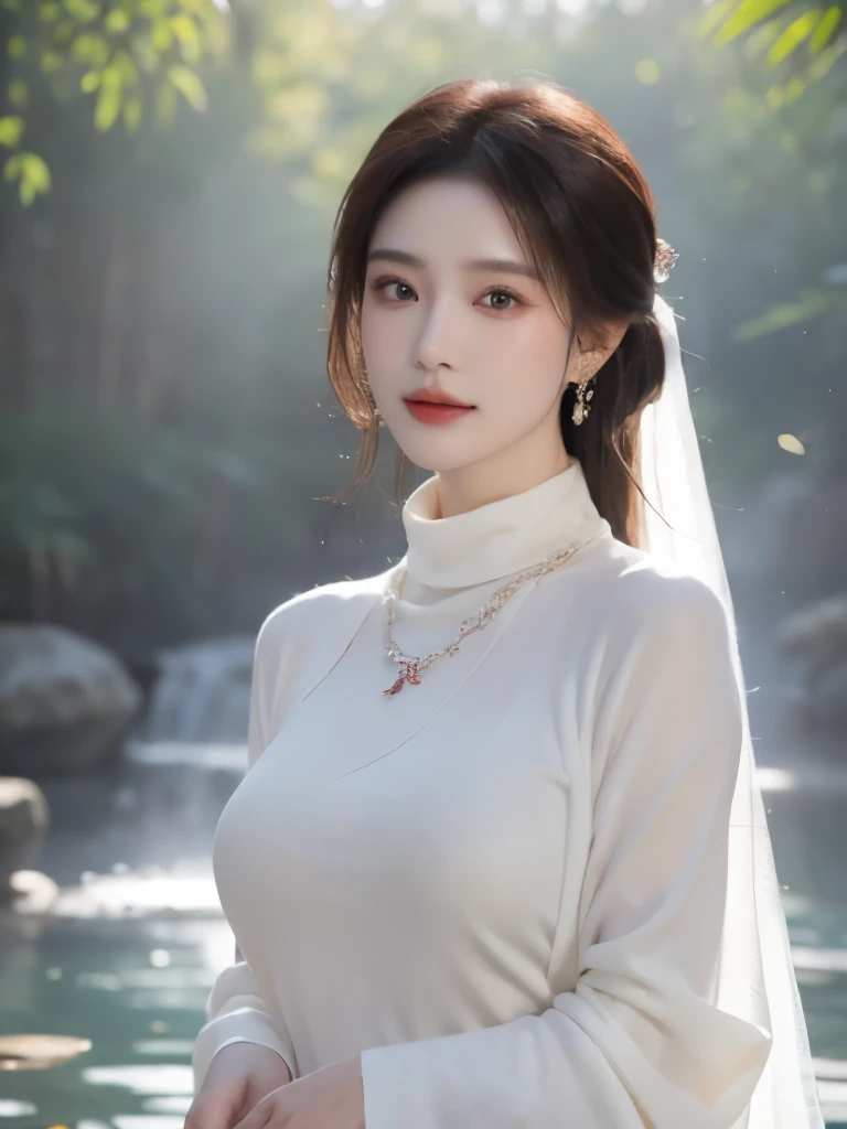 1 girl, colorful hair, Wearing cheongsam，(Brown eyes), (extremely delicate and beautiful), (turtleneck sweater), bamboo forest, pool, front, Butterfly, hair, Butterfly, dreamy light, (8K, original photo, best quality, masterpiece: 1.2), (Practical, Photo fidelity: 1.3), Ultra-fine, Ultra-fine cg 8K wallpaper, (Crystal texture skin: 1.2), of the best quality, masterpiece, 8K，Elegant Japanese woman, beautiful goddess，8K,Wearing earrings，With necklace，with veil (Full breasts)，HD,超HD,(original photo), 8K,(realism), (masterpiece), (best quality), high resolution, 8K, (Intricate details), (Lots of light)