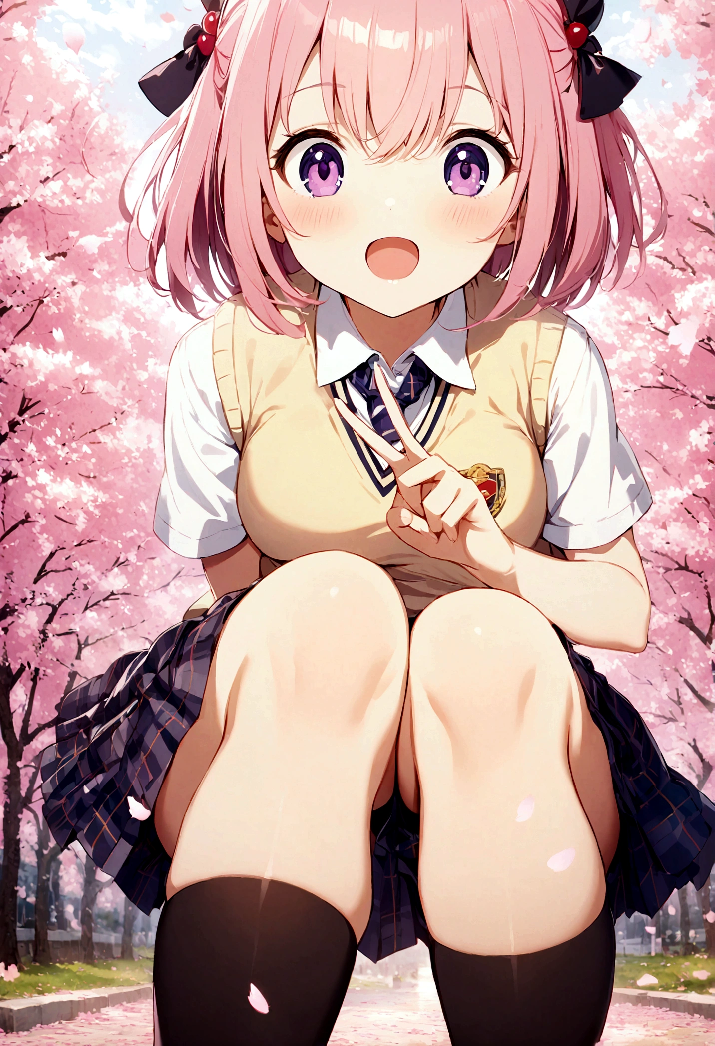  1 Girl,  Pink Hair, Purple Eyes, short hair, Hair accessories, Sweater vest, Uniforms, big eyes, Plaid skirt, Black over-the-knee stockings, Make a victory gesture, Cherry blossoms