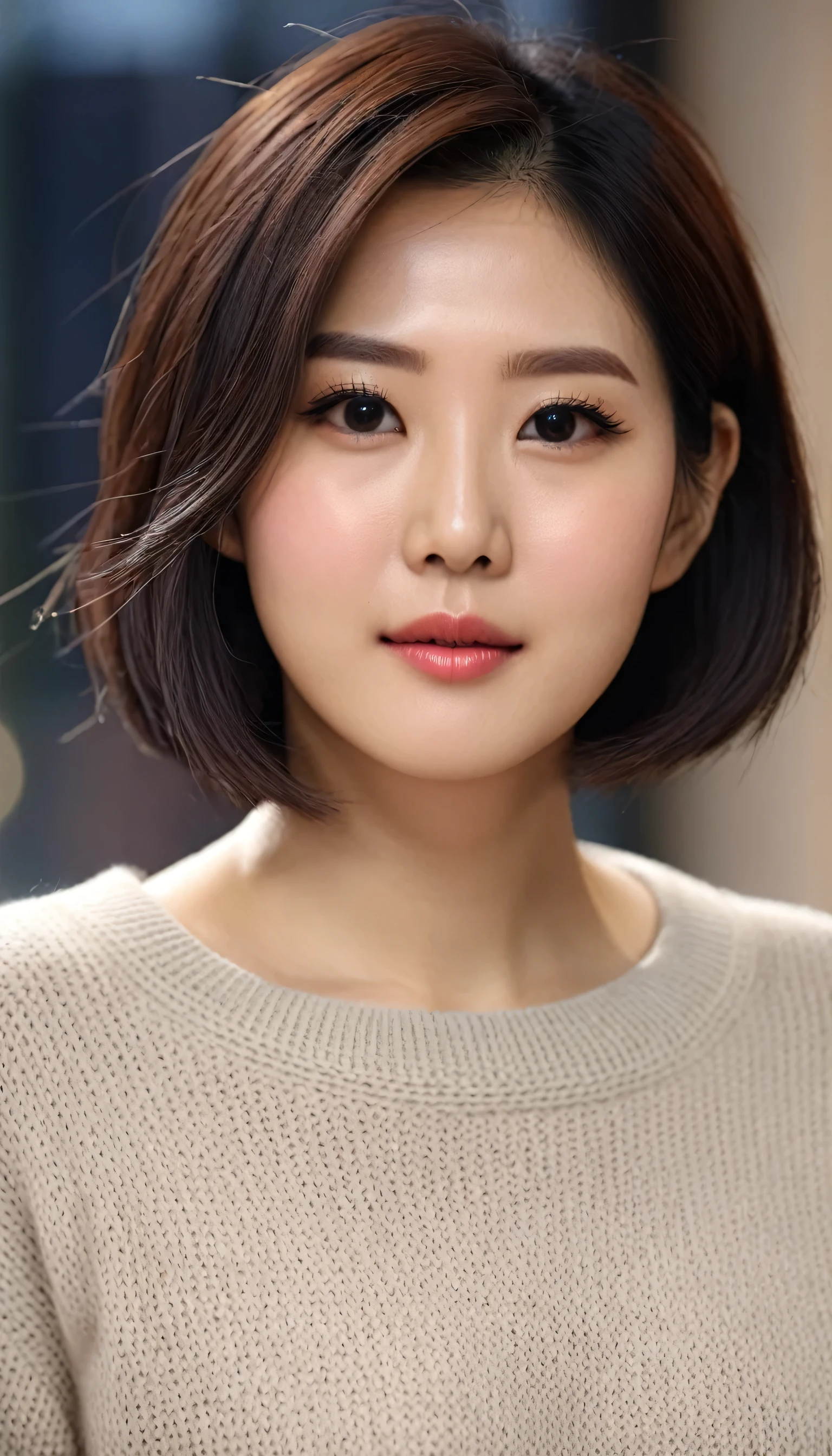 Close up of beautiful Korean woman, light hair, Chest size 34 inches, Wearing a rolled-up sleeve sweater, bokeh background,UHD , short dark hair