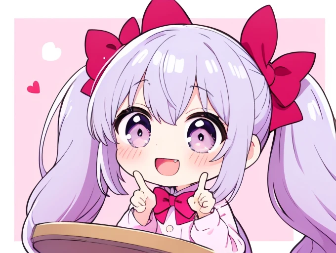 (pastel:1.2)、(Chibi Girl:1.2)、Esbian all over、Long twin tails、Bow and Bow、border pajamas、Funny pose、humming、Laughter、Fingertip pose、Vertical striped background、Baby pink gradation