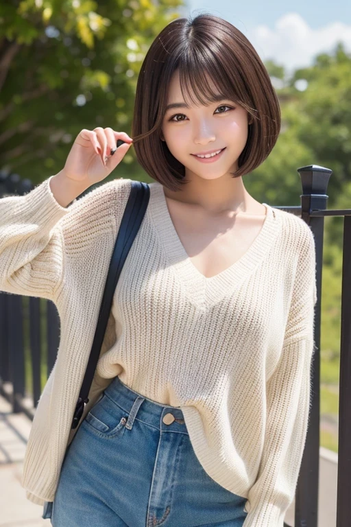 Produce the highest quality and highest resolution 8K images。The model is a 20-year-old Japanese woman.。The image depicts her posing and smiling for the camera.。She has brown eyes and a model figure.、She has an idol-level cute face.。Hair is bob cut。Skin has a healthy color。Clothes、I&#39;m wearing early summer clothes。The background depicts a scene of people taking commemorative photos at a tourist spot.。