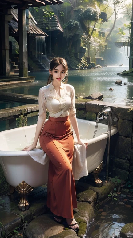 no upper floor;  A beautiful Burmese woman in a long skirt takes a relaxing bath by the river.  I took a shower and my whole body was wet. No top, but my breasts were covered with a long skirt