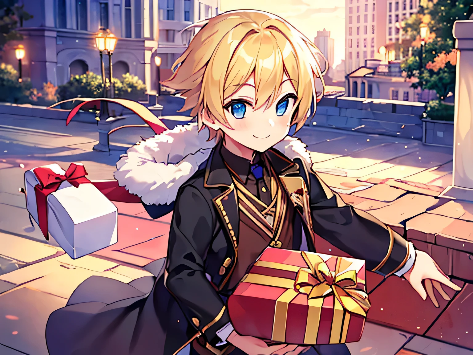 solo,1boy, blonde,bluntbangs,smile,carrying present boxes, many present boxes, lucky gifts,