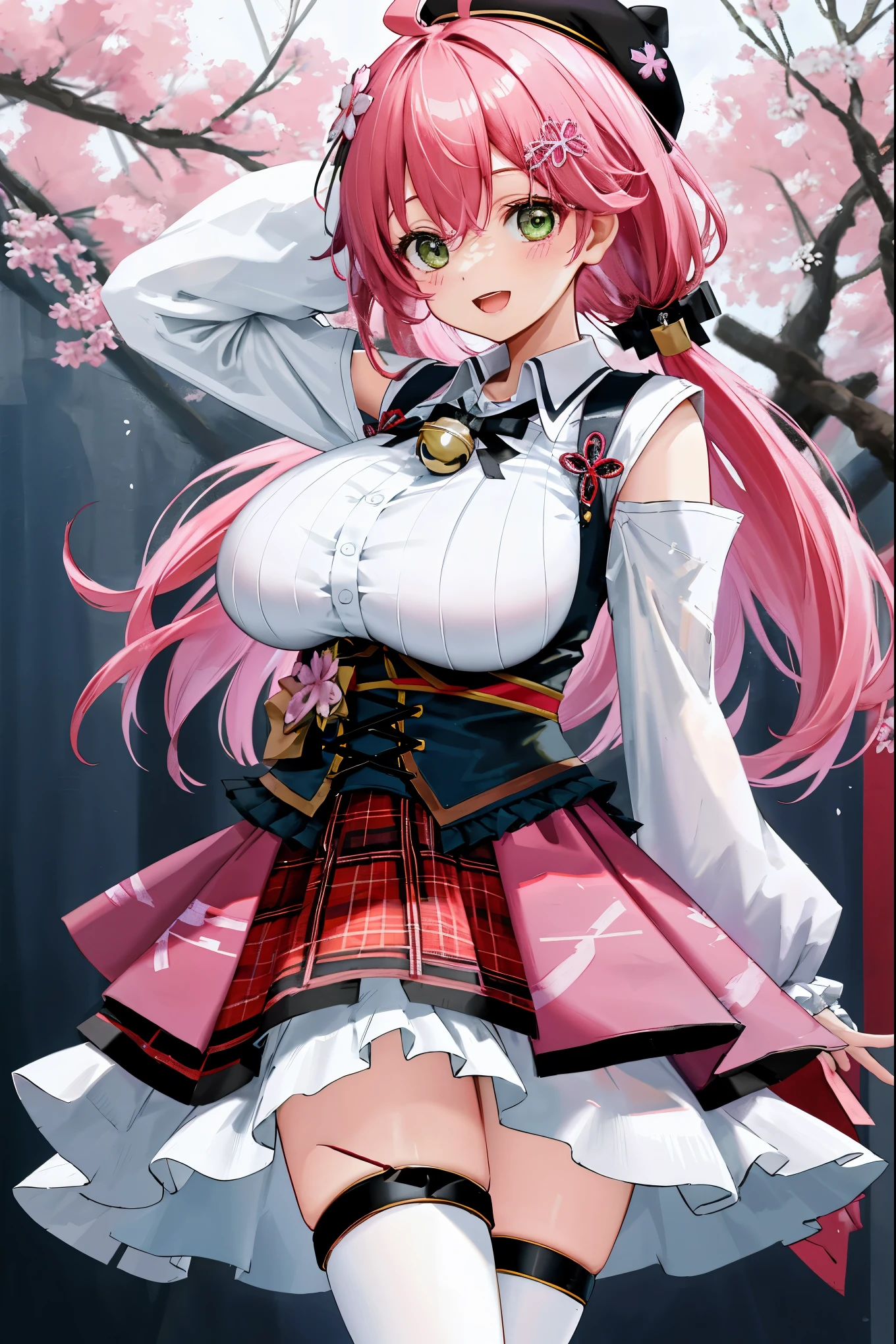 masutepiece, Best_Quality, hight_resolution, miko2,Ponytail, 1girl, young_,Ahoge, black headwear, Hair Ornament, White shirt, black thighhighs, Pink hair, Red_skirt, very_short_skirt, plaid skirts, garter_strap, Collared shirt, hair clips, frilld, Bangs, hair between eye, frills skirt, beret, Pleated skirt, Hair Flower, Neck bell, , puffng sleeves, Black bow, Underbust, Cowboy Shot,Smile, (gigantic_breasts:vered_nipples, covere,green_eyes, happildlike_posing,spread_legg_smile:1.2),plump,open_mouth,shout,half_eyes,cherryblossom_park_background,
