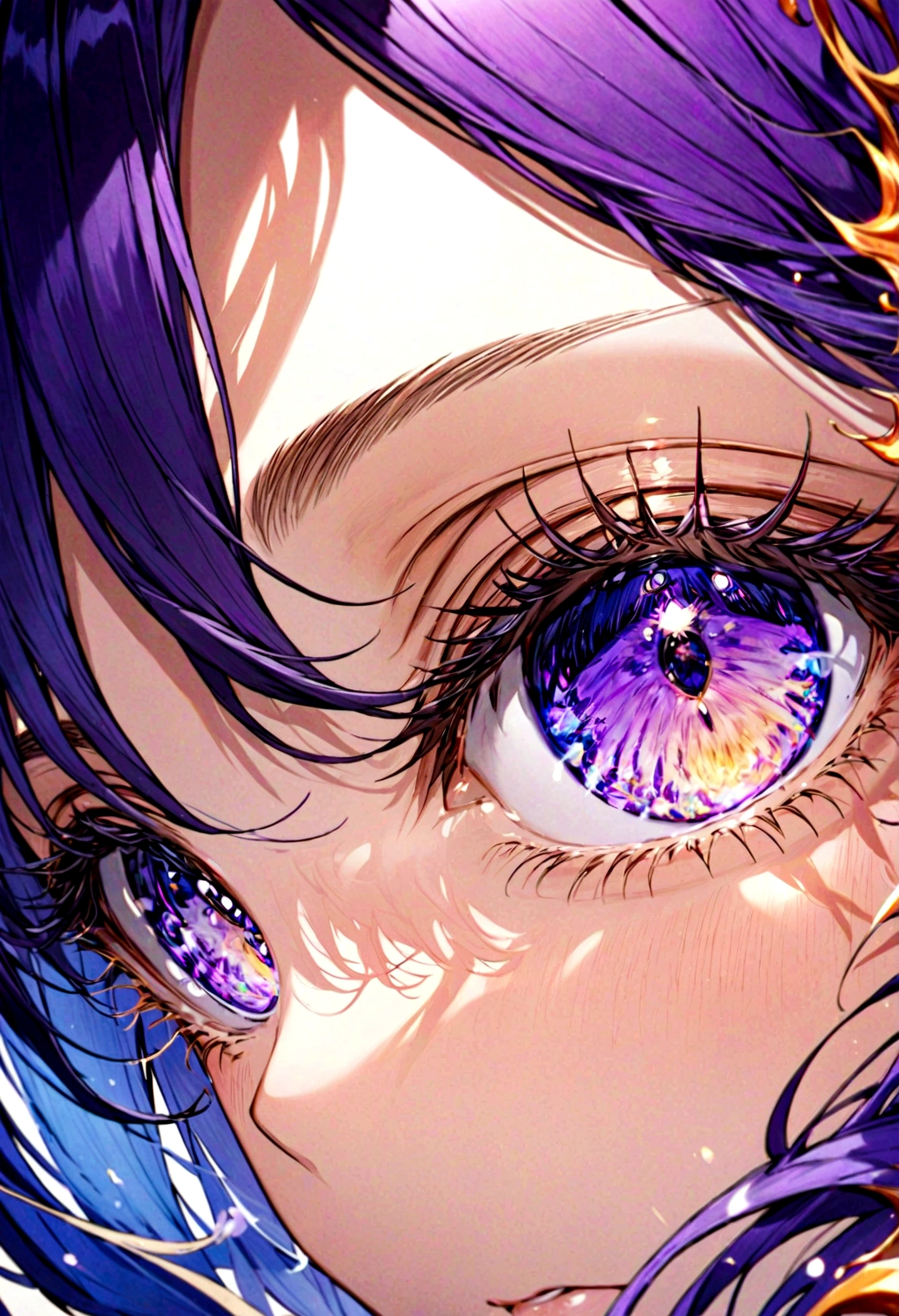 Beautiful Japanese anime eyes close-up,Style of pixiv artist Tsune,Contact lenses with patterns,The flame in the pupil,Bright purple iris,Indigo Flood,Vivid eyelashes