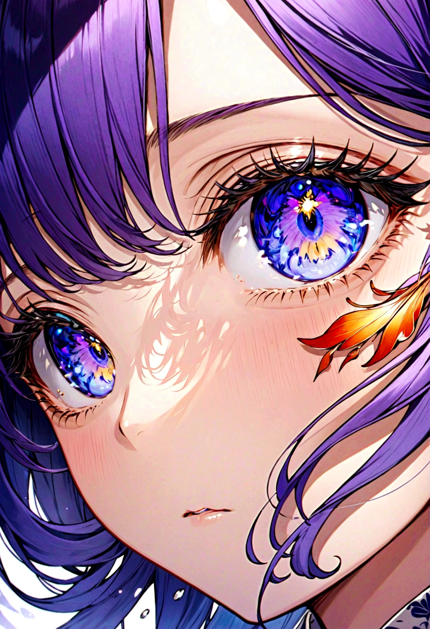 Beautiful Japanese anime eyes close-up，Style of pixiv artist Tsune，Contact lenses with patterns，The flame in the pupil，Bright purple iris，Indigo Flood，Vivid eyelashes