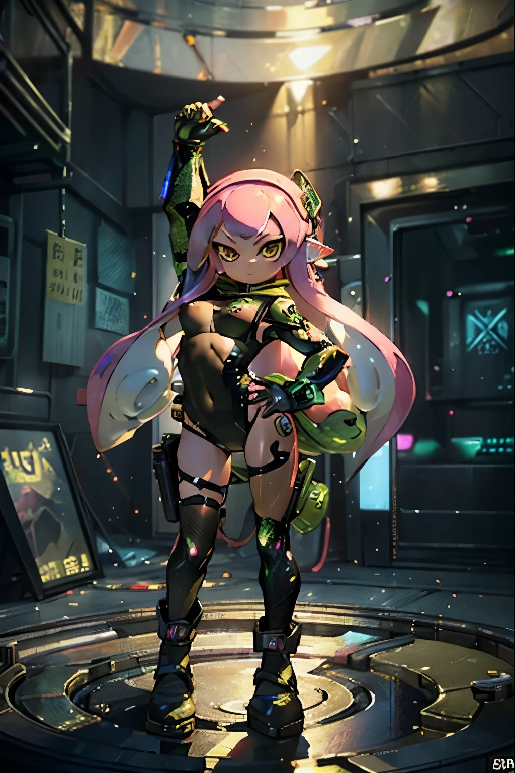 masterpiece、highest quality、High resolution、Real Anime、3D、Splatoon Girl、beautiful Alluring cyberpunk female soldier, Metallic khaki tentacle hair、Wearing a camouflage suit, Camouflage Armor, Camouflage Leotard, Shiny parts, Exposed Mechanical Arm, Exposed mechanical legs, Toned body like an athlete, Elegant form, Open front clothing, gigantic breast、Cleavage, beautiful Face, Golden Eyes、Ominous Cyberpunk Theme, Fiverr Dnd Character, Octane Rendering, Digital Art, Extremely detailed, 4K, Ultra HD, Polished, beautiful, Ultra-detailed, complicated, Elaborate, Scrupulous, Realistic, Sharp focus, Wow, Character Design, Unreal Engine, 3D Rendering, Volumetric lighting, reflection, Shiny, Digital Illustration, Sensual pose, Provocative pose, Obscene, Full Body Shot, Anatomically correct, 💖❤💕💋❣