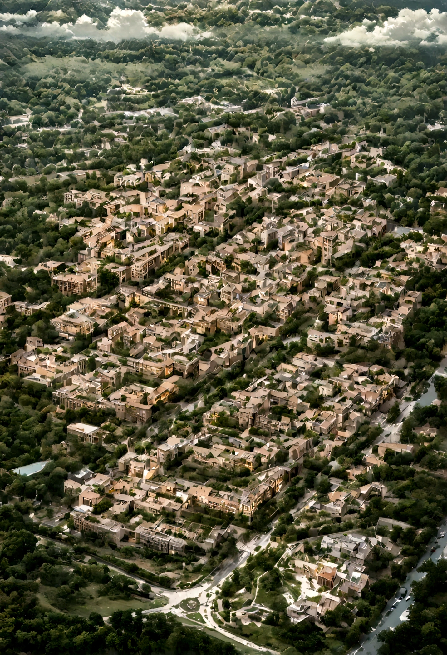 realistic, masterpiece, best quality, high quality, 8k, detailed, cinematic, city built within a giant, ancient tree. The treehouses should be intricately designed with spires and turrets, connected by glowing bridges. The city should be nestled in a lush forest, illuminated by soft, golden light. In the background, include distant castles and fluffy clouds to create a dreamy and enchanting atmosphere.