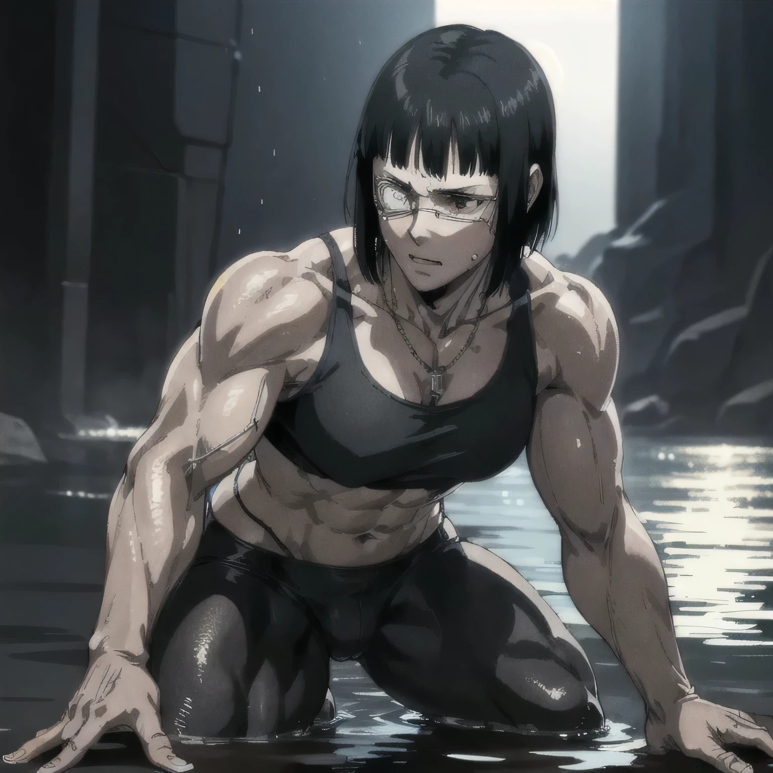(best quality,ultra-detailed,realistic:1.37),musclaur badass girl with sculpted body with preview her musclaur body and six-pack, full review of the female character's face and body, intense expression,studio lighting, vivid colors, physiologically-based rendering, grungy texture, rugged background, dust particles in the air, commanding presence, professional, powerful, gritty aesthetics,,Valmet،short hair،tattoos on shoulders,,Shining muscles, muscle protrusion,wearing military male black underwear and midriff tank top,necklace,Valmet have a sex muscles,eyepatch,penis,penis growth inside underwear,penisQuiron,wet body,veins,fighting position,wet clothes,white skin,water dropped on body,Shining skin,Swim on a river,night,raining,rain weather,fixing muscles