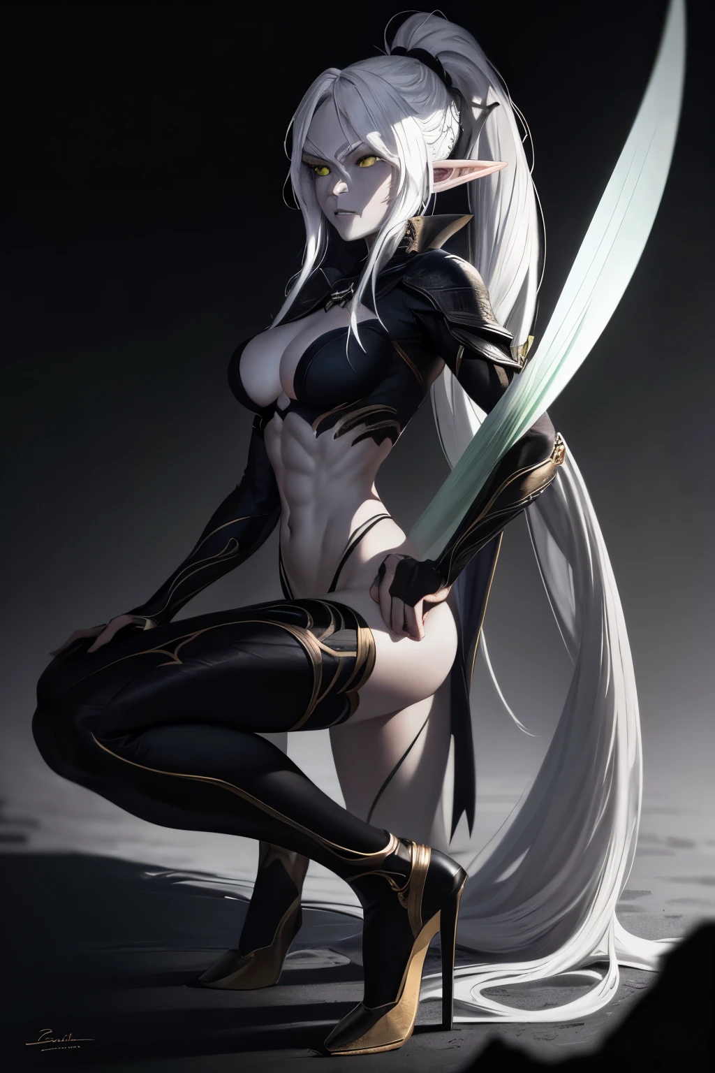 (ultra high-quality, NSFW:1)
1woman, full body, seductive drow elf, elongated pointed ears, long ponytail, stark white hair, emerald green eyes, serious expression, gray-toned skin, exquisite details -LoRa- Drow Concept LoRA-, ultra-fine painting, sharp focus, physically-based rendering, extreme detail description, high resolution (1.2), HDR, studio lighting, dark background, loincloth, high heels, showing muscular physique, frontal view, half-lit by moonlight, intense gaze, smoldering allure, serious demeanor, grayish complexion, shadow play