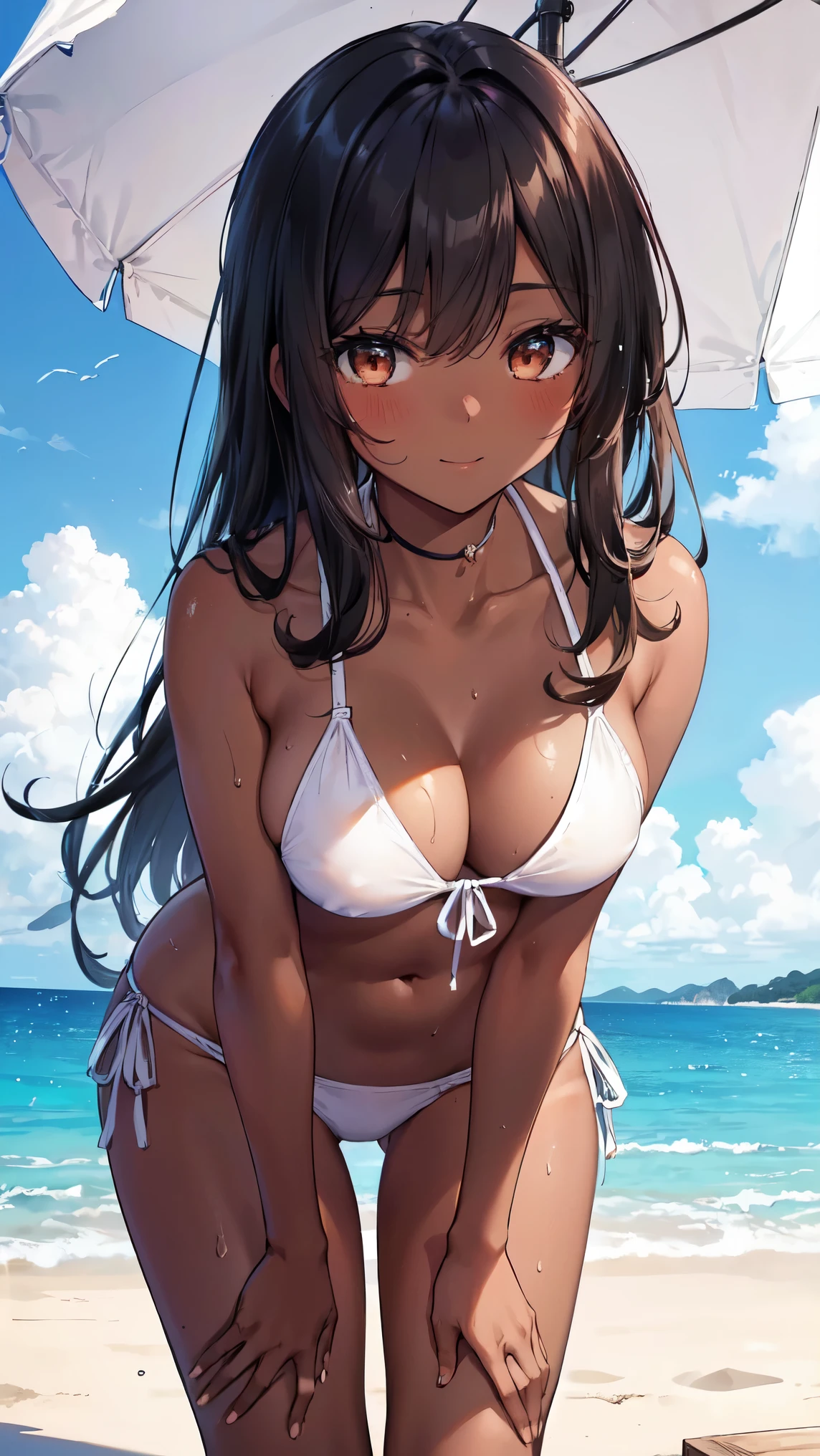 masterpiece, highest quality, 超detailed, 非常にdetailed，4K，8k, ((A clearly drawn face)),((非常にdetailedな肌)),(One girl:1.5),barefoot,alone,Swimwear,Black Hair,(Sunburn:1.5),belly button,bikini, Sunburn lines,Sweat,Wet,(Woman with dark skin:1.2),Brown eyes,Long Hair,(Dark Skin:1.2),Toes,smile,white bikini,(Leaning forward:1.3), Sandy Beach,(Seaside:1.3),[[[From below]]],(Perfect hands),(Perfect Fingers),more_detailed:-1, more_detailed:0, more_detailed:0.5, more_detailed:1, more_detailed:1.5,Delicate colors, figure, Bright colors, beautiful