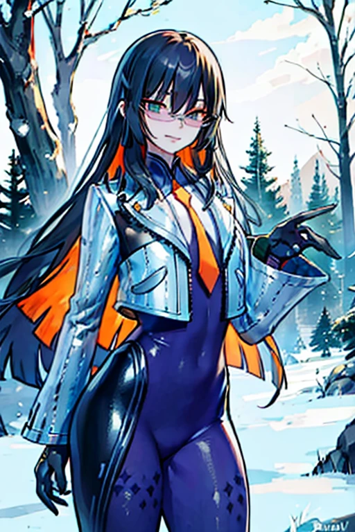 countess Daraku, long hair, glasses, gloves, pants, smile, 
BREAK looking at viewer,
BREAK outdoors,
BREAK (masterpiece:1.2), best quality, high resolution, unity 8k wallpaper, (illustration:0.8), (beautiful detailed eyes:1.6), extremely detailed face, perfect lighting, extremely detailed CG, (perfect hands, perfect anatomy),forest