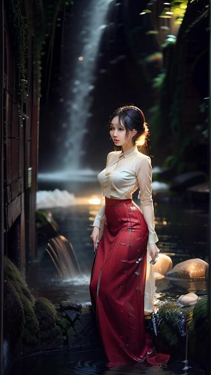 no upper floor;  A beautiful Burmese woman in a long skirt takes a relaxing bath by the river.  I took a shower and my whole body was wet. No top, but my breasts were covered with a long skirt