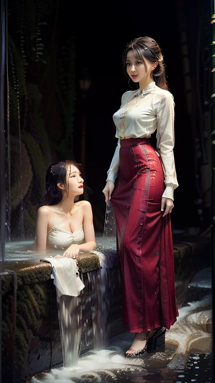 no upper floor;  A beautiful Burmese woman in a long skirt takes a relaxing bath by the river.  I took a shower and my whole body was wet. No top, but my breasts were covered with a long skirt