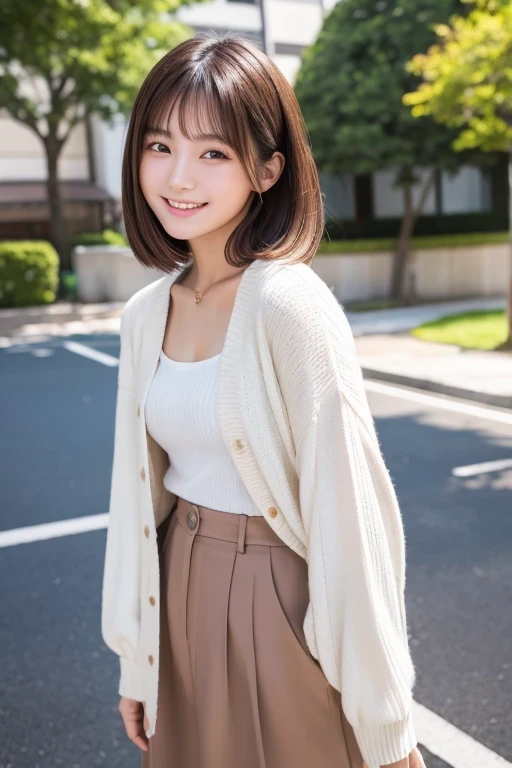 Produce the highest quality and highest resolution 8K images。The model is a 20-year-old Japanese woman.。The image depicts her posing and smiling for the camera.。She has brown eyes and a model figure.、She has an idol-level cute face.。Her hair is bob。Skin has a healthy color。Clothes、I'm wearing early summer clothes。The background depicts a scene of people taking commemorative photos at a tourist spot.。