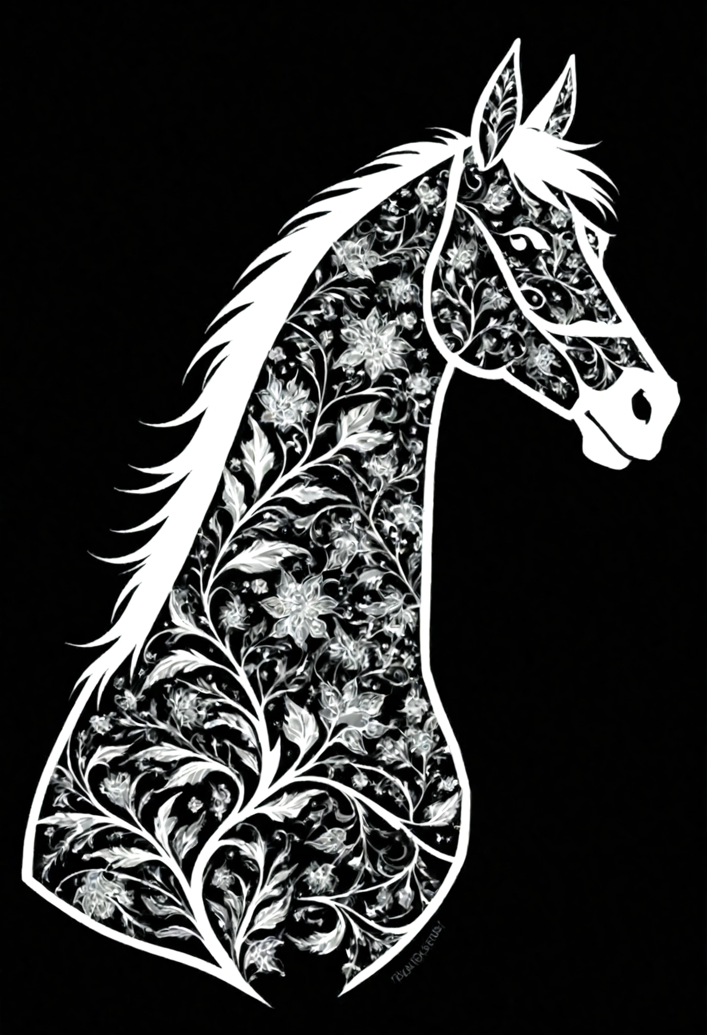 White silhouette design of a horse，Black Background，Beautiful silhouette，looking at the camera，Biologically correct