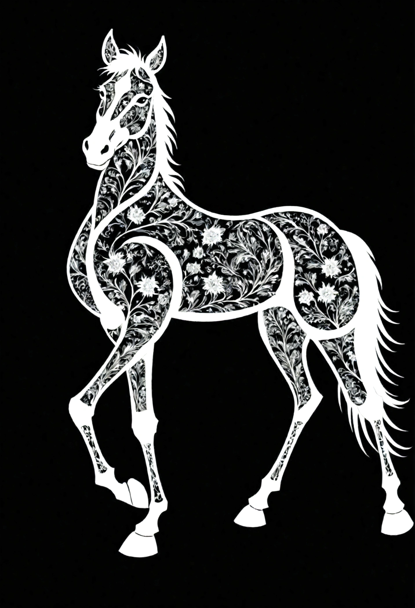 White silhouette design of a horse,Black Background,Beautiful silhouette,looking at the camera,Biologically correct