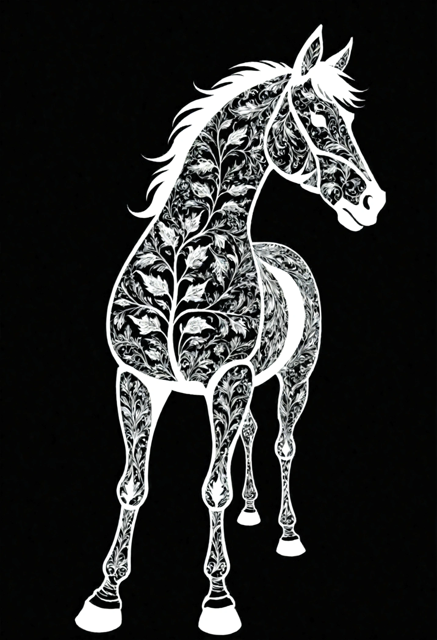 White silhouette design of a horse，Black Background，Beautiful silhouette，looking at the camera，Biologically correct
