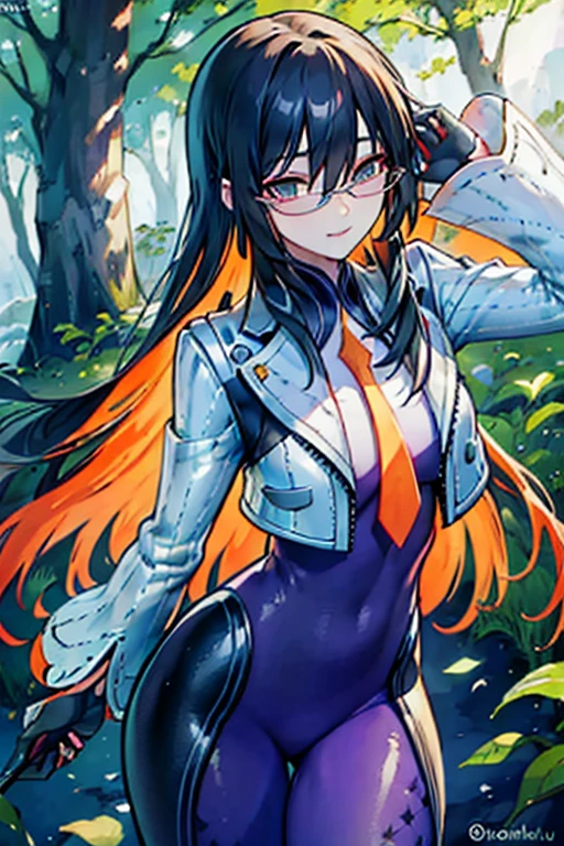 countess Daraku, long hair, glasses, gloves, pants, smile, 
BREAK looking at viewer,
BREAK outdoors,
BREAK (masterpiece:1.2), best quality, high resolution, unity 8k wallpaper, (illustration:0.8), (beautiful detailed eyes:1.6), extremely detailed face, perfect lighting, extremely detailed CG, (perfect hands, perfect anatomy),forest