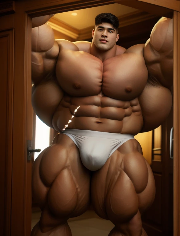 1boy, giant, model shoot style, staring, illuminating light, strong body, bulk, large size, standing, armpit, in the house gate, white triangular underwear, prominent bulge, big, brutalmass, giant, muscular body, bulk, massive body, large meaty body size