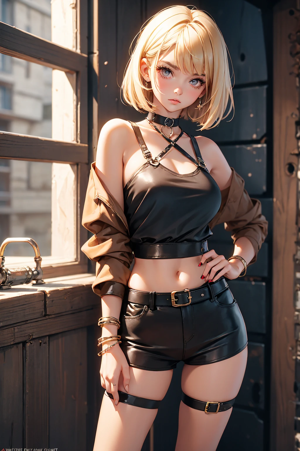 Teenage girl 20 years old, hot model, blonde, bob hairstyle, bangs, brown eyes, makeup, manicure, very tanned, crop sleeve shirt, very short mini shorts, bracelets, choker, belt, beautiful long legs, beautiful thigh line, hands on hips, flirty posing, sexy girl, slave girl, punished girl, prison girl, handcuffs and shackles on her hands, dungeon, haunted castle, aesthetics, top quality,