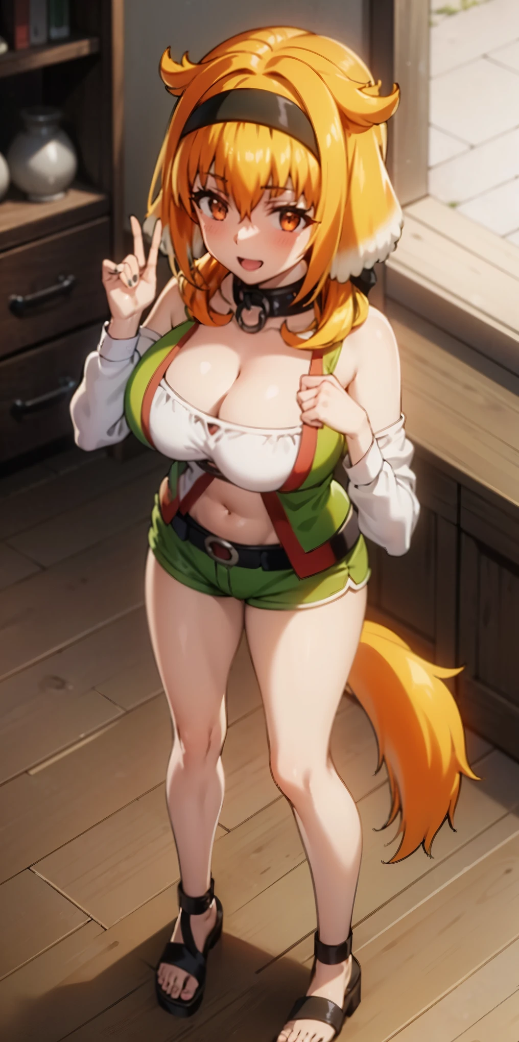 1girl, animal ears, bangs, bare shoulders, belt, black collar, black hairband, blush, breasts, cleavage, collar, collarbone, dog ears, dog girl, dog tail, fang, fantasy, floppy ears, from above, full body, green shorts, hair between eyes, hairband, indoors, large breasts, looking at viewer, midriff, multicolored hair, navel, open mouth, orange fur, orange hair, sandals, shiny, shiny hair, shirt, short hair with long locks, shorts, smile, solo, standing, tail