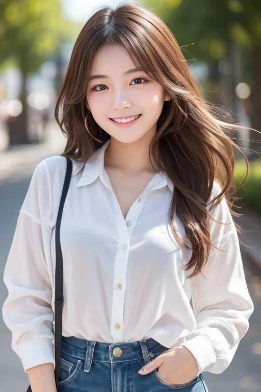 Produce the highest quality and highest resolution 8K images。The model is a 20-year-old Japanese woman.。The image depicts her posing and smiling for the camera.。She has brown eyes and a model figure.、She has an idol-level cute face.。The hair is wavy。Skin has a healthy color。Clothes、I&#39;m wearing early summer clothes。The background depicts a scene of people taking commemorative photos at a tourist spot.。