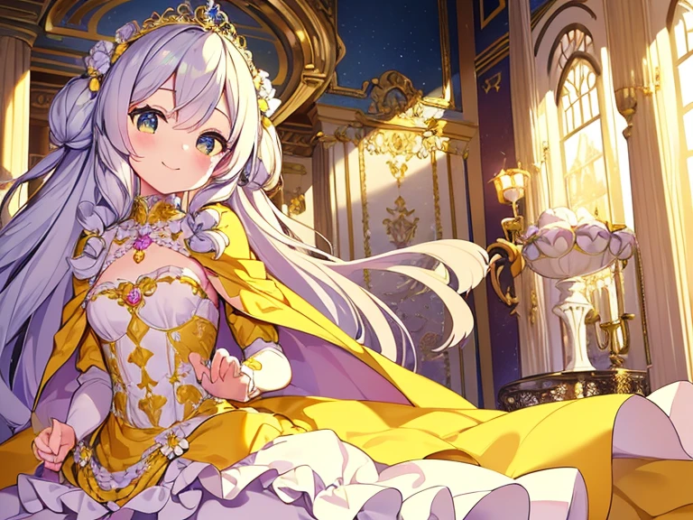 looking at viewer,(kawaii),(best quality),(ultra detailed), upper body,(rococo style),(long train pastel yellow cape:1.15), very long cape,(long train white ball gown with flower decorations:1.1), a girl is wearing a cape over her gown, 1 little princess, tiara, smile, very long hair, small breasts