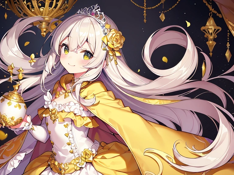 looking at viewer,(kawaii),(best quality),(ultra detailed), upper body,(rococo style),(long train pastel yellow cape:1.15), very long cape,(long train white ball gown with flower decorations:1.1), a girl is wearing a cape over her gown, 1 little princess, tiara, smile, very long hair, small breasts