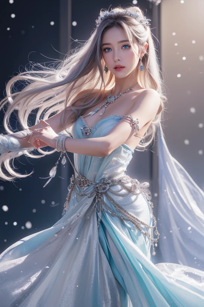 high qualityな仕事,Realistic artwork,Ultra Premium Graphics,8K HD CG Works,high quality graphics,High-definition and elaborate CG work,10x pixels,Ultra-fine detail:1.1,Advanced Technical Details:1.1Realistic photo effects,Indoor lighting effects:1.5,Natural soft light:1.5. Light effects(Virtual Light Effects:1.8),Ultra-high resolution,Shiny Dress,sliver Long Hair,Silver Hair,Transparent Hair,Hair with attention to detail(high qualityのヘアディテール:1.1)Clear Eyes,Double eyelids are beautiful,Sharp eye makeup, Creates exquisite eyelash makeup, Thin eyebrows, Very fine eye,High nose, Beautiful red lips, Rosy Cheeks, Delicate makeup applied , Pretty face, The face shape is perfectly balanced,(Advanced Face Detail:1.1)wonderful, 最high quality, Photorealistic and hVery detailed CG integrated 8k wallpaper, high quality, Very detailed, Narrative poem, Particle Effects, Dynamic Effects, Written boundary depth, Cinematic Light, Lens flare, Ray Tracing)), Fantasy, ((1. Beautiful Women, Clear blue eyes, Silver Long Hair, Beautiful Face, True Face, Beautiful fine details, Beautiful Skin, Graceful dancing woman:1.7, Graceful dancing woman:1.7)), Long HairがWindでなびく, Long Hairが跳ねる, Long HairがWindで踊る, Hair bounces, jewelry, tattoo, Hanfu, Chinese Fairy, Taoist Uniform, Silver earrings, ((night, Wind, darkness, full moon, night空, Snow and Frost, A very cold winter day, Snow Capped Mountainや森, Frost, Snow Capped Mountain々, Frostに覆われた木々The beauty and brilliance of, The tranquility and beauty of a world of ice and snow)), Hip Up, Beautiful Eyes, Long Hair, Ring-shaped eyes,Women artwork,Dress full body video,reality,wonderful胸の谷間,Your eyes are shining brightly today