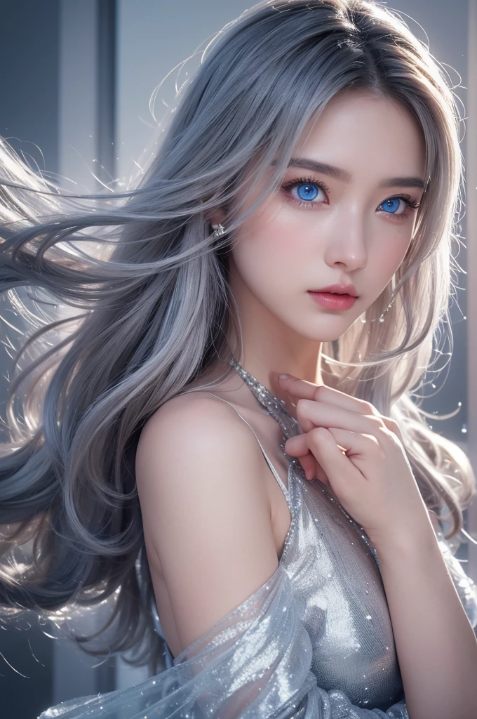 high qualityな仕事,Realistic artwork,Ultra Premium Graphics,8K HD CG Works,high quality graphics,High-definition and elaborate CG work,10x pixels,Ultra-fine detail:1.1,Advanced Technical Details:1.1Realistic photo effects,Indoor lighting effects:1.5,Natural soft light:1.5. Light effects(Virtual Light Effects:1.8),Ultra-high resolution,Shiny Dress,sliver Long Hair,Silver Hair,Transparent Hair,Hair with attention to detail(high qualityのヘアディテール:1.1)Clear Eyes,Double eyelids are beautiful,Sharp eye makeup, Creates exquisite eyelash makeup, Thin eyebrows, Very fine eye,High nose, Beautiful red lips, Rosy Cheeks, Delicate makeup applied , Pretty face, The face shape is perfectly balanced,(Advanced Face Detail:1.1)wonderful, 最high quality, Photorealistic and hVery detailed CG integrated 8k wallpaper, high quality, Very detailed, Narrative poem, Particle Effects, Dynamic Effects, Written boundary depth, Cinematic Light, Lens flare, Ray Tracing)), Fantasy, ((1. Beautiful Women, Clear blue eyes, Silver Long Hair, Beautiful Face, True Face, Beautiful fine details, Beautiful Skin, Graceful dancing woman:1.7, Graceful dancing woman:1.7)), Long HairがWindでなびく, Long Hairが跳ねる, Long HairがWindで踊る, Hair bounces, jewelry, tattoo, Hanfu, Chinese Fairy, Taoist Uniform, Silver earrings, ((night, Wind, darkness, full moon, night空, Snow and Frost, A very cold winter day, Snow Capped Mountainや森, Frost, Snow Capped Mountain々, Frostに覆われた木々The beauty and brilliance of, The tranquility and beauty of a world of ice and snow)), Hip Up, Beautiful Eyes, Long Hair, Ring-shaped eyes,Women artwork,Dress full body video,reality,wonderful胸の谷間,Your eyes are shining brightly today