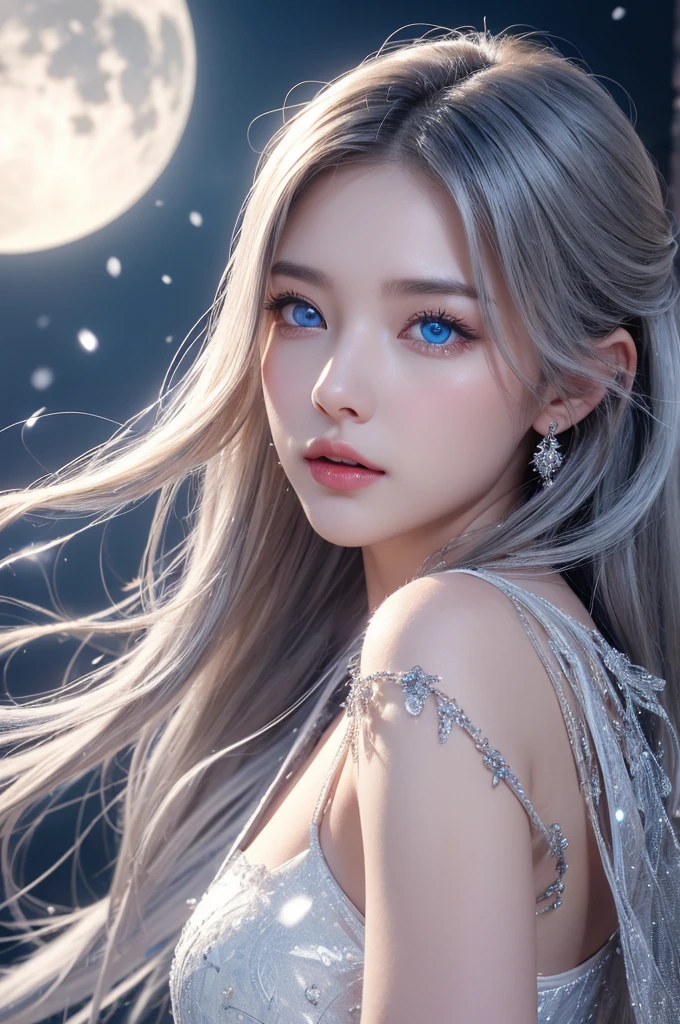 high qualityな仕事,Realistic artwork,Ultra Premium Graphics,8K HD CG Works,high quality graphics,High-definition and elaborate CG work,10x pixels,Ultra-fine detail:1.1,Advanced Technical Details:1.1Realistic photo effects,Indoor lighting effects:1.5,Natural soft light:1.5. Light effects(Virtual Light Effects:1.8),Ultra-high resolution,Shiny Dress,sliver Long Hair,Silver Hair,Transparent Hair,Hair with attention to detail(high qualityのヘアディテール:1.1)Clear Eyes,Double eyelids are beautiful,Sharp eye makeup, Creates exquisite eyelash makeup, Thin eyebrows, Very fine eye,High nose, Beautiful red lips, Rosy Cheeks, Delicate makeup applied , Pretty face, The face shape is perfectly balanced,(Advanced Face Detail:1.1)wonderful, 最high quality, Photorealistic and hVery detailed CG integrated 8k wallpaper, high quality, Very detailed, Narrative poem, Particle Effects, Dynamic Effects, Written boundary depth, Cinematic Light, Lens flare, Ray Tracing)), Fantasy, ((1. Beautiful Women, Clear blue eyes, Silver Long Hair, Beautiful Face, True Face, Beautiful fine details, Beautiful Skin, Graceful dancing woman:1.7, Graceful dancing woman:1.7)), Long HairがWindでなびく, Long Hairが跳ねる, Long HairがWindで踊る, Hair bounces, jewelry, tattoo, Hanfu, Chinese Fairy, Taoist Uniform, Silver earrings, ((night, Wind, darkness, full moon, night空, Snow and Frost, A very cold winter day, Snow Capped Mountainや森, Frost, Snow Capped Mountain々, Frostに覆われた木々The beauty and brilliance of, The tranquility and beauty of a world of ice and snow)), Hip Up, Beautiful Eyes, Long Hair, Ring-shaped eyes,Women artwork,Dress full body video,reality,wonderful胸の谷間,Your eyes are shining brightly today