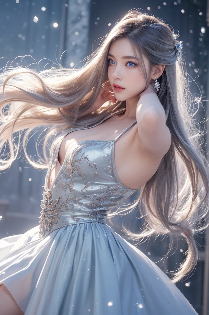 high qualityな仕事,Realistic artwork,Ultra Premium Graphics,8K HD CG Works,high quality graphics,High-definition and elaborate CG work,10x pixels,Ultra-fine detail:1.1,Advanced Technical Details:1.1Realistic photo effects,Indoor lighting effects:1.5,Natural soft light:1.5. Light effects(Virtual Light Effects:1.8),Ultra-high resolution,Shiny Dress,sliver Long Hair,Silver Hair,Transparent Hair,Hair with attention to detail(high qualityのヘアディテール:1.1)Clear Eyes,Double eyelids are beautiful,Sharp eye makeup, Creates exquisite eyelash makeup, Thin eyebrows, Very fine eye,High nose, Beautiful red lips, Rosy Cheeks, Delicate makeup applied , Pretty face, The face shape is perfectly balanced,(Advanced Face Detail:1.1)wonderful, 最high quality, Photorealistic and hVery detailed CG integrated 8k wallpaper, high quality, Very detailed, Narrative poem, Particle Effects, Dynamic Effects, Written boundary depth, Cinematic Light, Lens flare, Ray Tracing)), Fantasy, ((1. Beautiful Women, Clear blue eyes, Silver Long Hair, Beautiful Face, True Face, Beautiful fine details, Beautiful Skin, Graceful dancing woman:1.7, Graceful dancing woman:1.7)), Long HairがWindでなびく, Long Hairが跳ねる, Long HairがWindで踊る, Hair bounces, jewelry, tattoo, Hanfu, Chinese Fairy, Taoist Uniform, Silver earrings, ((night, Wind, darkness, full moon, night空, Snow and Frost, A very cold winter day, Snow Capped Mountainや森, Frost, Snow Capped Mountain々, Frostに覆われた木々The beauty and brilliance of, The tranquility and beauty of a world of ice and snow)), Hip Up, Beautiful Eyes, Long Hair, Ring-shaped eyes,Women artwork,Dress full body video,reality,wonderful胸の谷間,Your eyes are shining brightly today