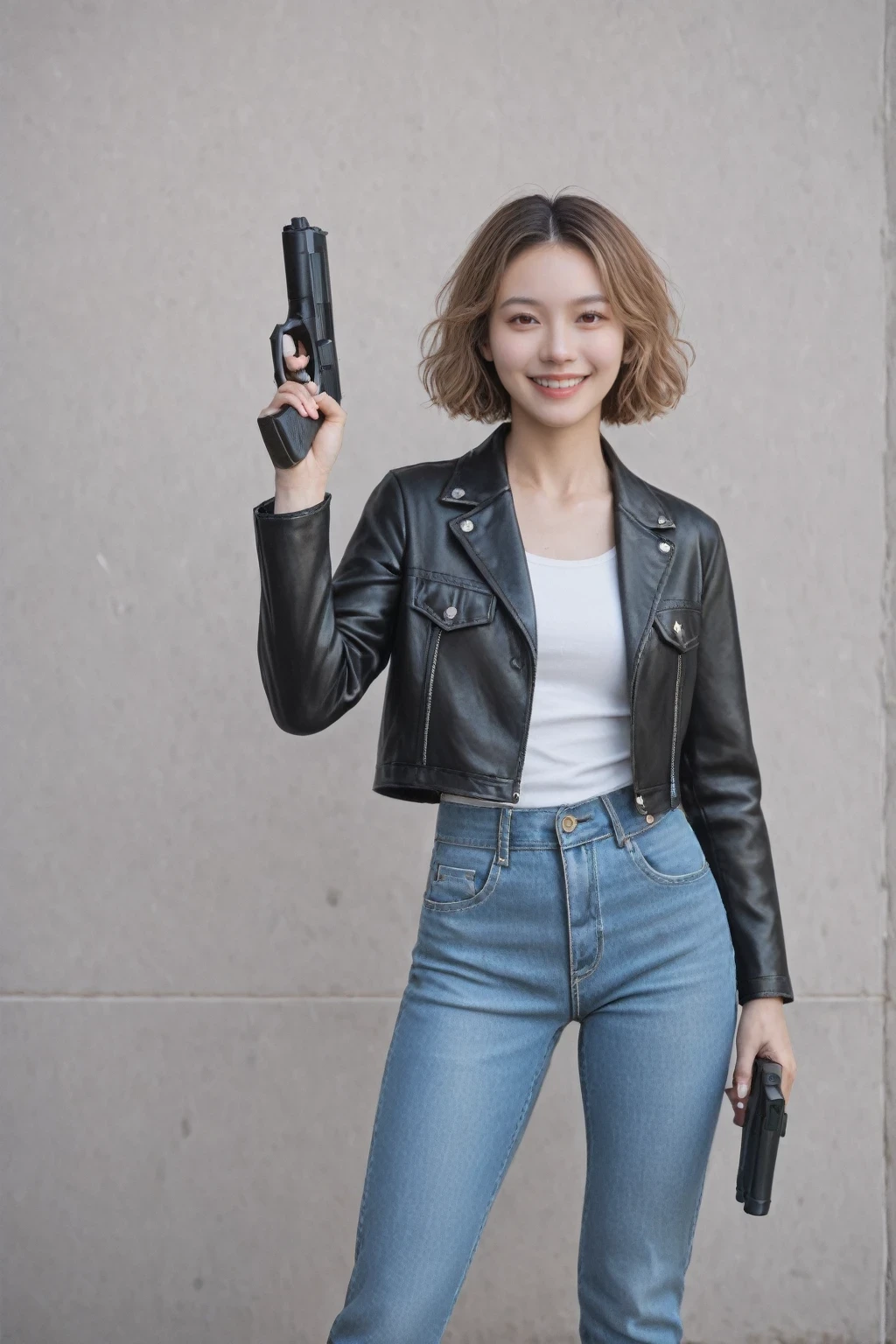 score_9, score_8_up, score_7_up, BREAK,
16-year-old Japanese short hair idol girl, holding a pistol, muzzle pointed at viewer, pink leather jeans, no underwear, masterpiece, highest quality, photorealistic, super detailed, attention to detail, high resolution, 8k wallpaper, beautiful woman, light brown disheveled hair, long black leather jacket, sharp focus, perfect dynamic composition, beautiful detailed red eyes, detailed hair, detailed and realistic skin texture, smile, model's body type, standing on street, punching style.