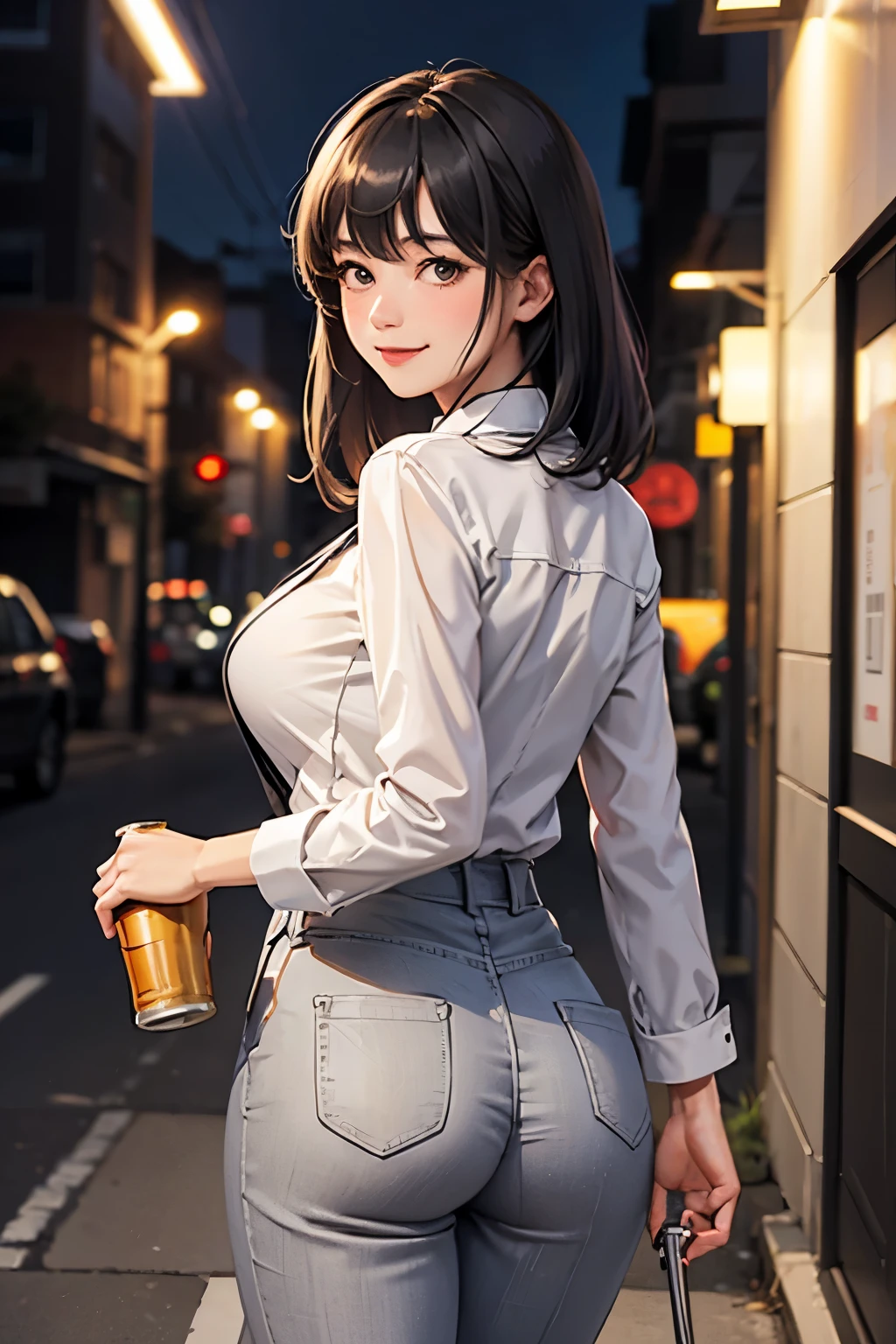 1lady solo, (walking slowly), (officeshirt) (officepants)(officecoat), mature female, /(dark silver hair/) bangs, (light smile:0.8), (masterpiece best quality:1.2) delicate illustration ultra-detailed, large breasts, (blush), looking back, shoot from behind,shoot from behind, (have a beer can) BREAK (quiet residential street) outdoors, night, detailed background break ((kind smile eyes))
