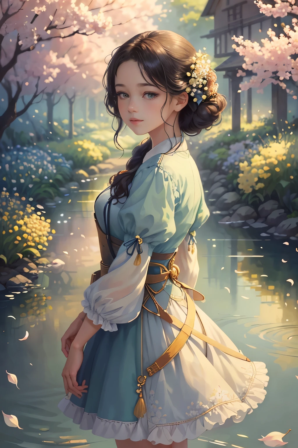 A girl standing in a beautiful garden, Jasmine flowers blooming around,Jasmine petals floating in the air. Picturesque scenery, A peaceful river flows beside the winding road. This girl has a pair of charming and delicate eyes, Long eyelashes add to her beauty. Her lips are beautiful too., Adds to her elegant appearance。。. Artwork is of the highest quality, 8K resolution, Provides extremely detailed and realistic descriptions. Bright colors, Add depth and life to your images. The overall style of the illustration is reminiscent of a masterpiece, Showcasing exquisite detail and craftsmanship. The lighting in the scene is soft and soft, Create a warm and pleasant atmosphere.