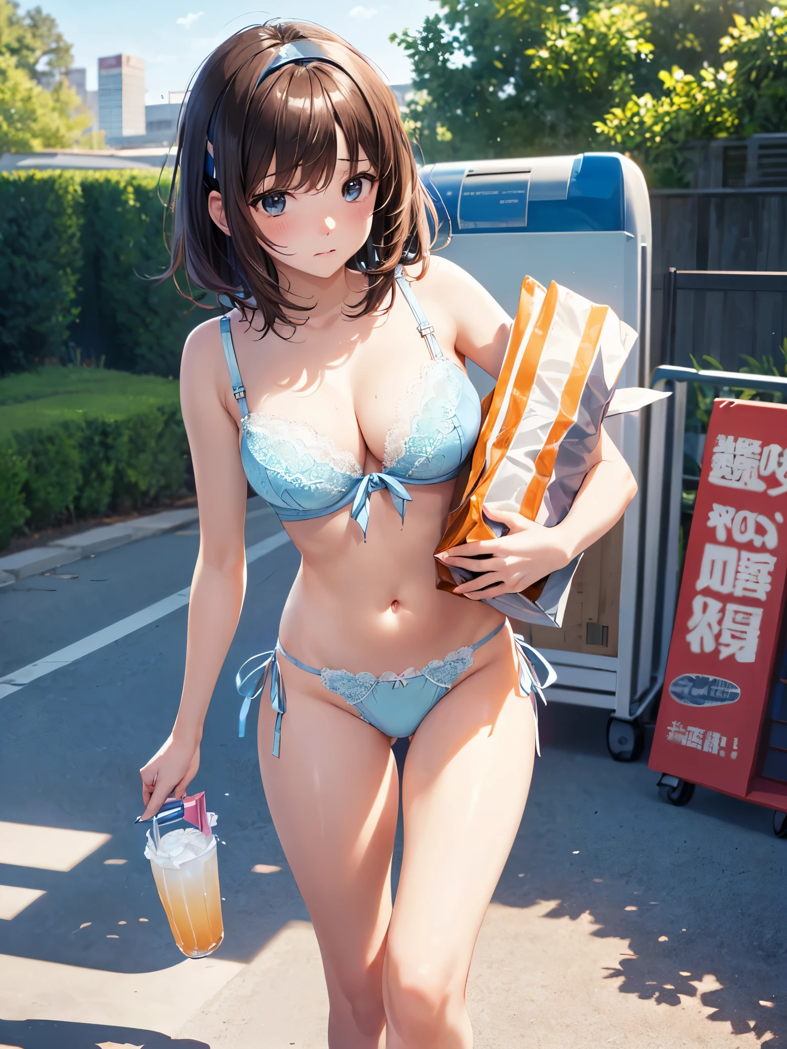 (((masterpiece, highest quality, High resolution, 超High resolution, Perfect Pixel, Depth of written boundary, 4K, RTTX 10.0))), Beautiful Anime Woman, Beautiful art style, Anime characters, ((Smooth texture, Realistic texture, Anime CG Style)), Exact finger count、Exact number of legs、(Exact number of arms:1.0, Exact number of hands:1.0), (Perfect hands, Perfect Anatomy), Cinematic, Realistic, Extremely detailed CG, Daytime lighting, Perfect lighting, Best Shadow, The best natural light, whole body, Perfect body, (Slender body:1.2), ((Long Hair, bangs, Dark brown hair, Stylish hairstyle, Bobcut)), ((1人のcute女性は飲み物を手に持って歩いて運んでいる, Back view:1.6)), ((Alone:1.0)), beauty, cute, ((セクシーでcute水色下着:1.3), (Stylish shiny light blue satin panties, Side-tie panties:1.3), (Thin panties:1.3), (Light blue micro lace satin bra, Thin bra:1.3):1.3), (Beautiful little ass:1.2), (Beautiful and thin thighs:1.3), Feeling embarrassed, (blush:1.2), (Very embarrassed look:1.4), Troubled expression, (At an outdoor amusement park, There is a Ferris wheel and people having fun behind it.々:1.3), naked, In underwear, Waitress in underwear, Maid Headband, whole body, (Underwear waitress carrying drinks:1)