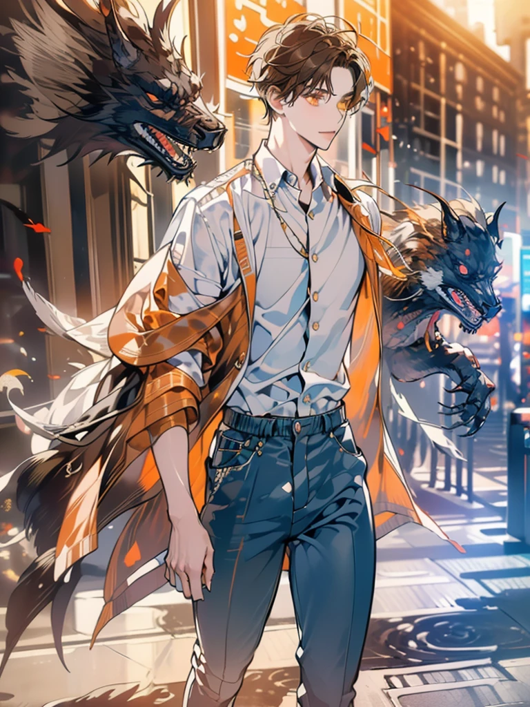 ((masterpiece)), (((HDR))), ((best quality)), (ultra high quality), (hi-res), ((1boy)), cute man, (((orange eyes))), beautiful eyes, detailed eyes, ((adult)), (((dark brown hair))), ((super short hair)), perfect body, perfect anatomy, long legs, (thin waist), (((thigh gap))), ((happy expression)), crooked tooth, sharp tooth, cute, facing sideways, ((looking to the side)), hips twist, (((short sleeves))), collared shirt, fashionable, protagonist, (pants), ((dynamic)), standing, (walking), in the city, outside, buildings, sidewalk, stairs, daytime, additional lighting, sunlight on face, noon, bright sun, city scenery, crosswalk, birds