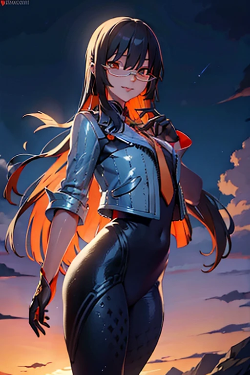 countess Daraku, long hair, glasses, gloves, pants, smile,
BREAK looking at viewer,
BREAK outdoors,
BREAK (masterpiece:1.2), best quality, high resolution, unity 8k wallpaper, (illustration:0.8), (beautiful detailed eyes:1.6), extremely detailed face, perfect lighting, extremely detailed CG, (perfect hands, perfect anatomy)