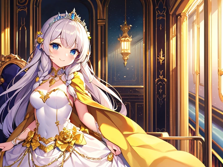 looking at viewer,(kawaii),(best quality),(ultra detailed), upper body,(rococo style),(long train pastel yellow cape:1.15), very long cape,(long train white ball gown with flower decorations:1.1), a girl is wearing a cape over her gown, 1 little princess, tiara, smile, very long hair, small breasts