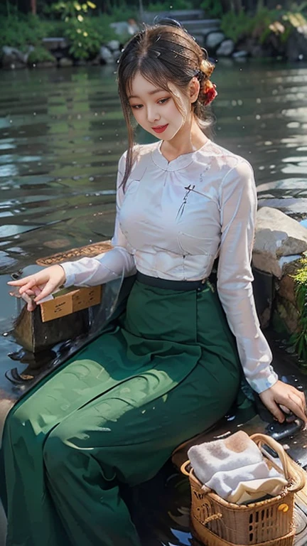 no upper floor;  A beautiful Burmese woman in a long skirt takes a relaxing bath by the river.  I took a shower and my whole body was wet. No top, but my breasts were covered with a long skirt