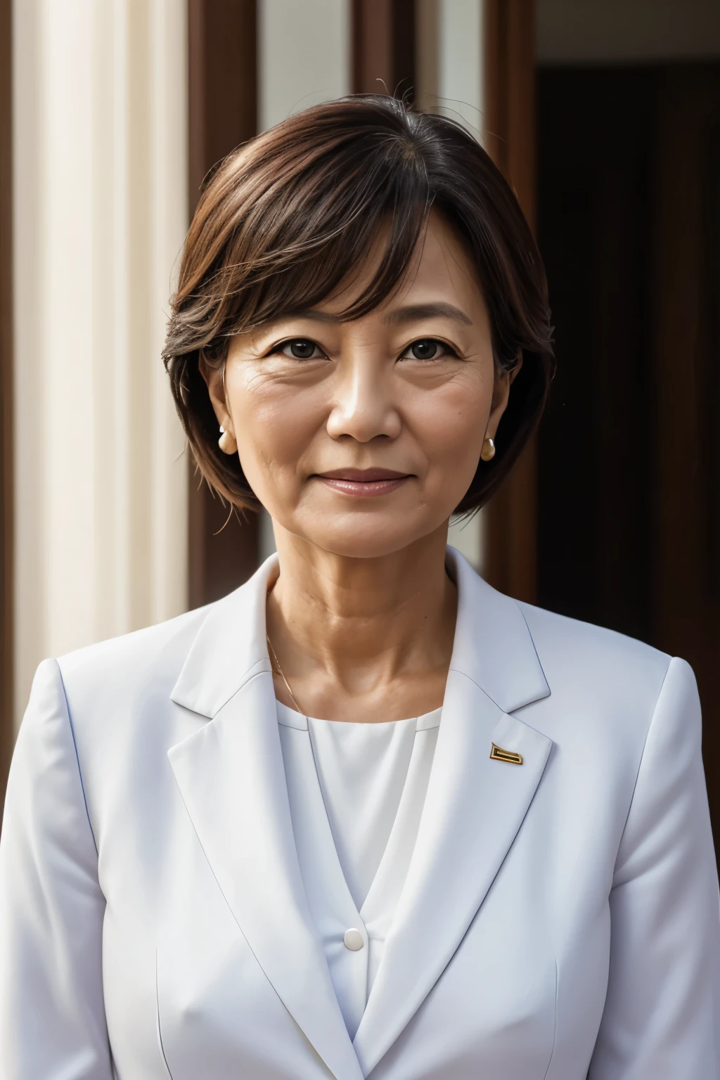 politician、50-year-old woman、ID photo、White formal attire、Light from the front