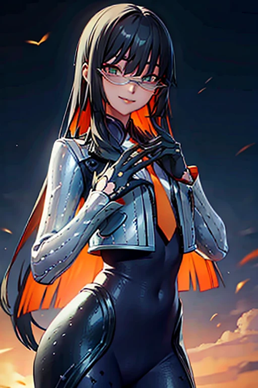 countess Daraku, long hair, glasses, gloves, pants, smile, 
BREAK looking at viewer,
BREAK outdoors,
BREAK (masterpiece:1.2), best quality, high resolution, unity 8k wallpaper, (illustration:0.8), (beautiful detailed eyes:1.6), extremely detailed face, perfect lighting, extremely detailed CG, (perfect hands, perfect anatomy)