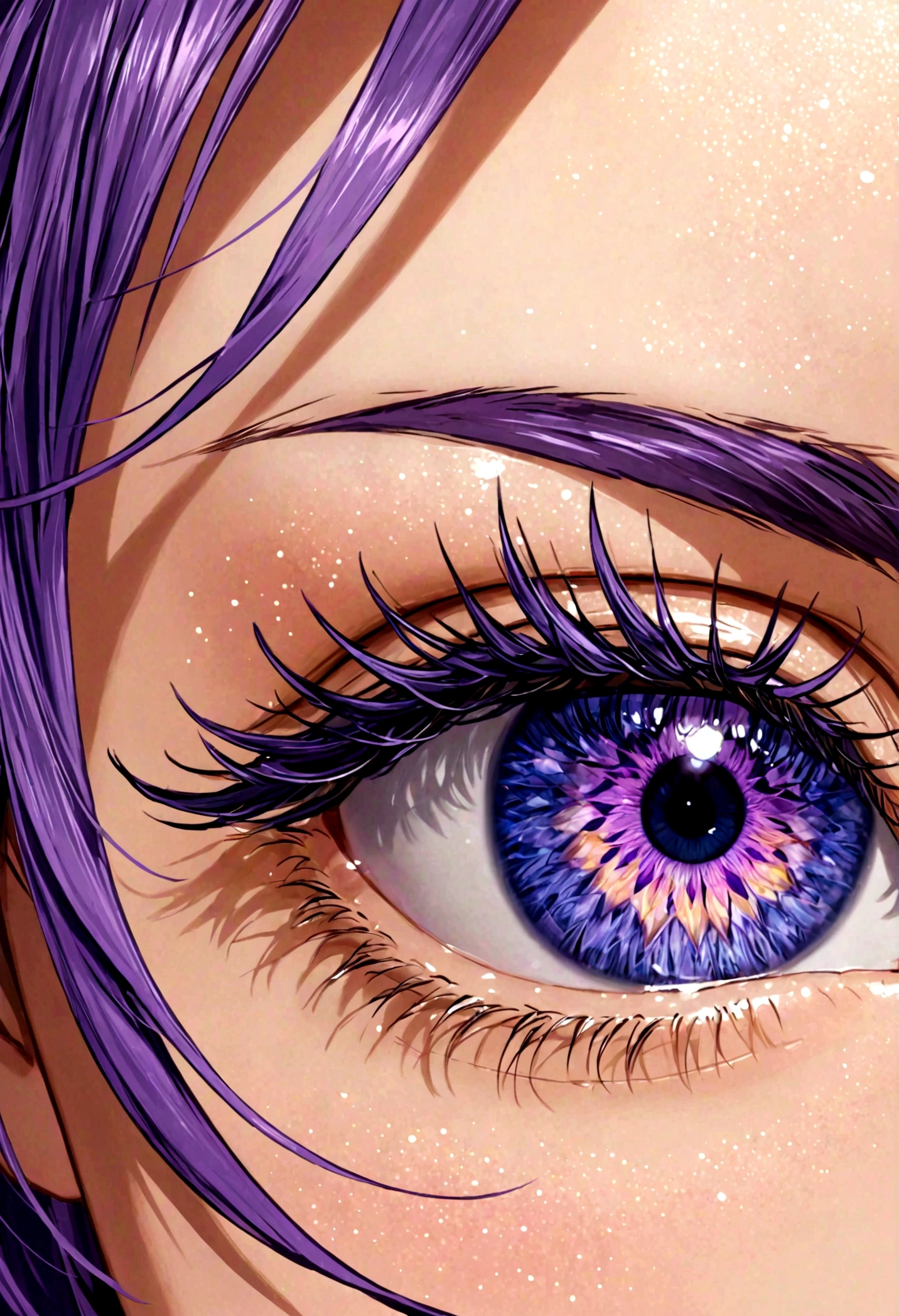 Beautiful Japanese anime eyes close-up,Style of pixiv artist Tsune,Contact lenses with patterns,The flame in the pupil,Bright purple iris,Indigo Flood,Vivid eyelashes
