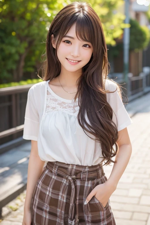 Produce the highest quality and highest resolution 8K images。The model is a 20-year-old Japanese woman.。The image depicts her posing and smiling for the camera.。She has brown eyes and a model figure.、She has an idol-level cute face.。The hair is wavy。Skin has a healthy color。Clothes、I&#39;m wearing early summer clothes。The background depicts a scene of people taking commemorative photos at a tourist spot.。