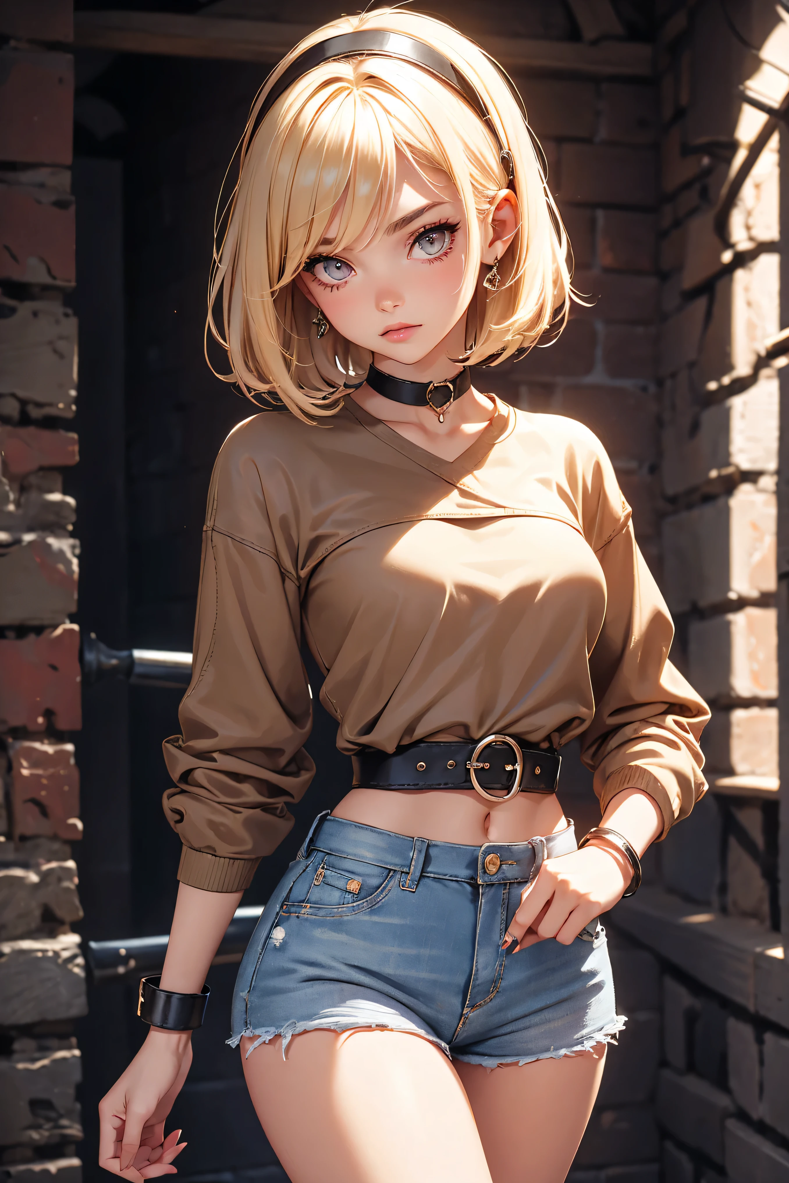 age girl 20 years old, hot model, blonde, bob hairstyle, bangs, brown eyes, makeup, manicure, very tanned, crop sleeve shirt, very short mini shorts, bracelets, choker, belt, beautiful long legs, beautiful thigh line, hands on hips, flirty posing, sexy girl, slave girl, punished girl, prison girl, handcuffs and shackles on her hands, dungeon, haunted castle, aesthetics, top quality,