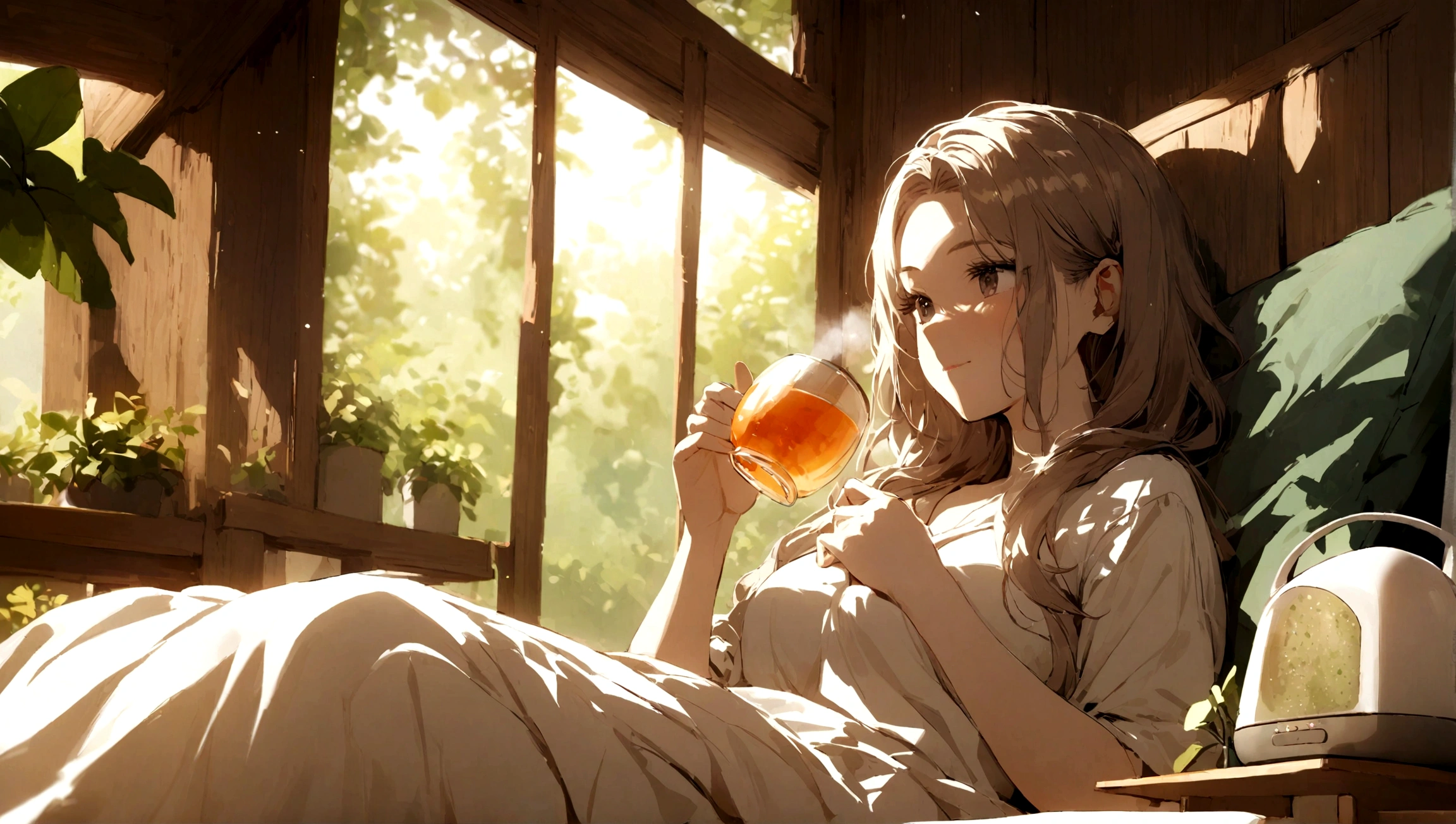 Young woman drinking herbal tea while relaxing with aroma diffuser