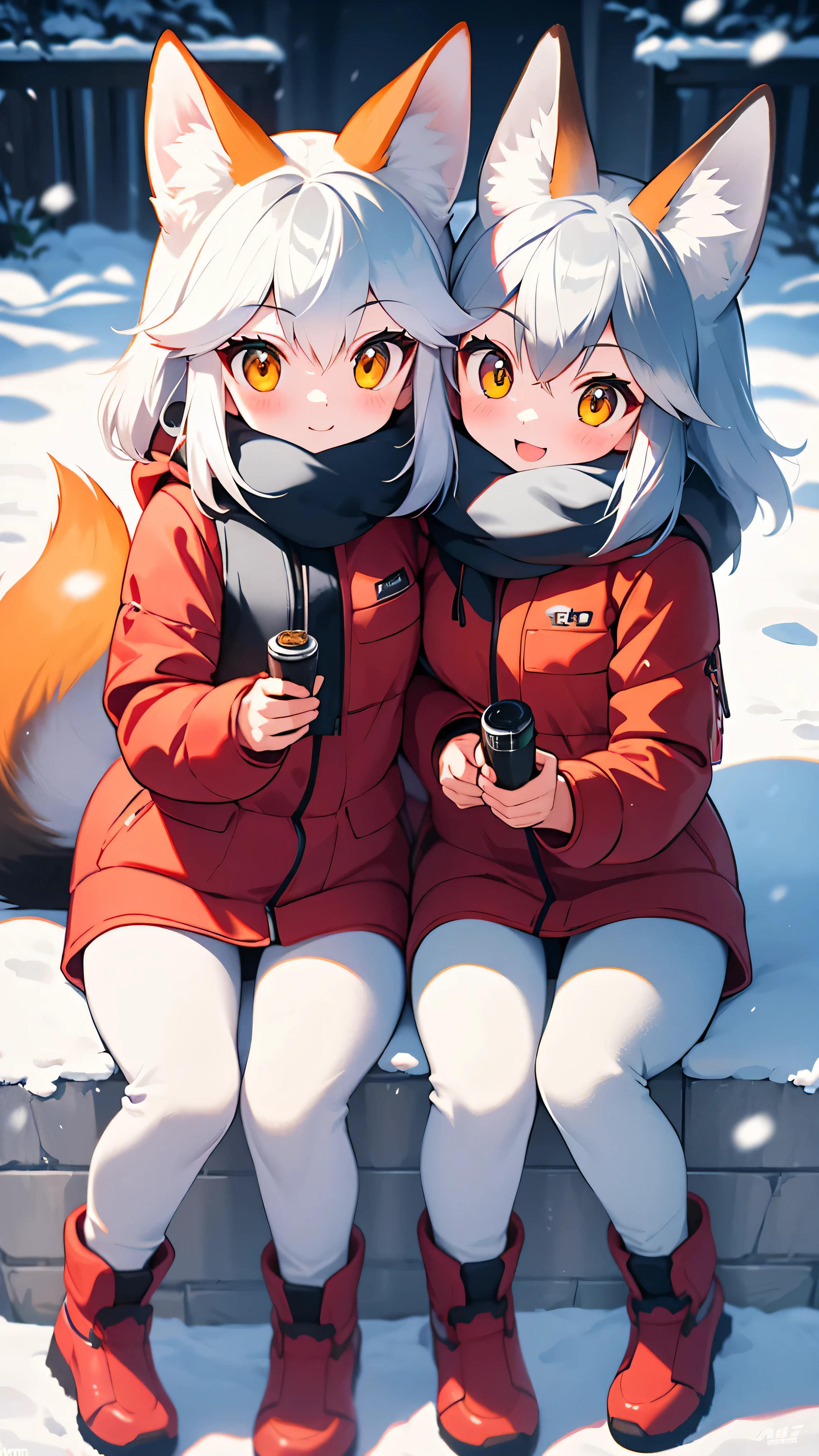 2 girls, 20 years ((Red Fox)), ((Silver Fox)), Kemono friends, playing in the snow in winter