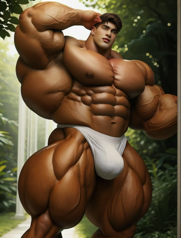 1boy, giant, model shoot style, staring, illuminating light, strong body, bulk, large size, standing, armpit, in the green garden gate, white triangular underwear, prominent bulge, big, brutalmass, giant, muscular body, bulk, massive body, large meaty body size
